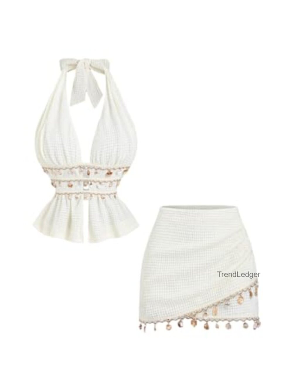Women's 2 Piece Skirt Set Halter Top Waffle Knit Shell Trim Vacation Outfit